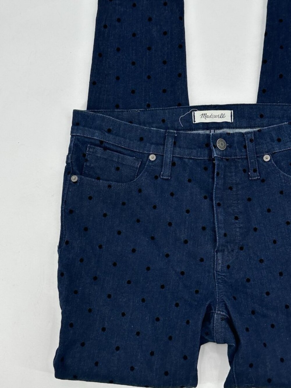Madewell 9" High Rise Skinny Dark Blue Denim Black Velvet Polka Dots W30 L28.5